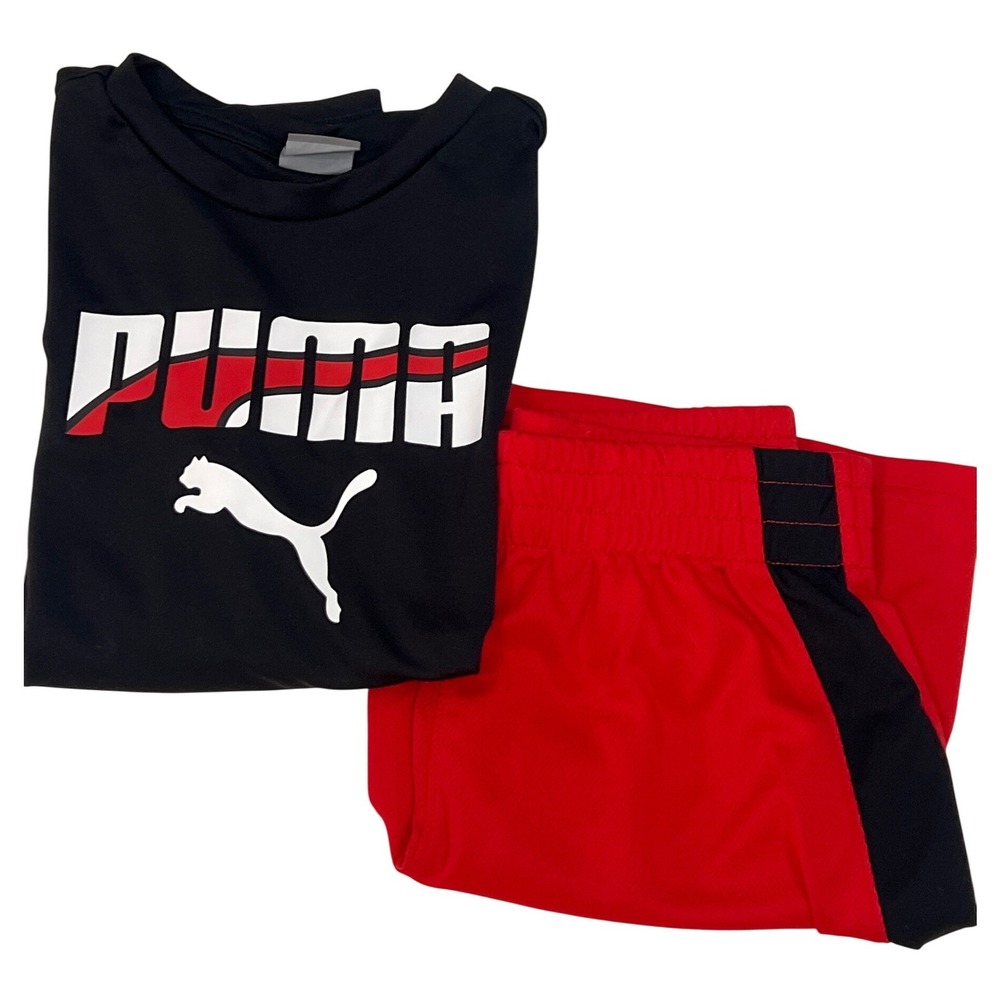 Puma Kids Black Red Short Sleeve Shorts Matching Set Athletic Boys Small Sporty